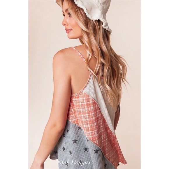 ❤️Tank SALE! Limited! Color Block ⭐️ Star/Plaid Print Linen Reverse Stitch Top! - Picture 6 of 7